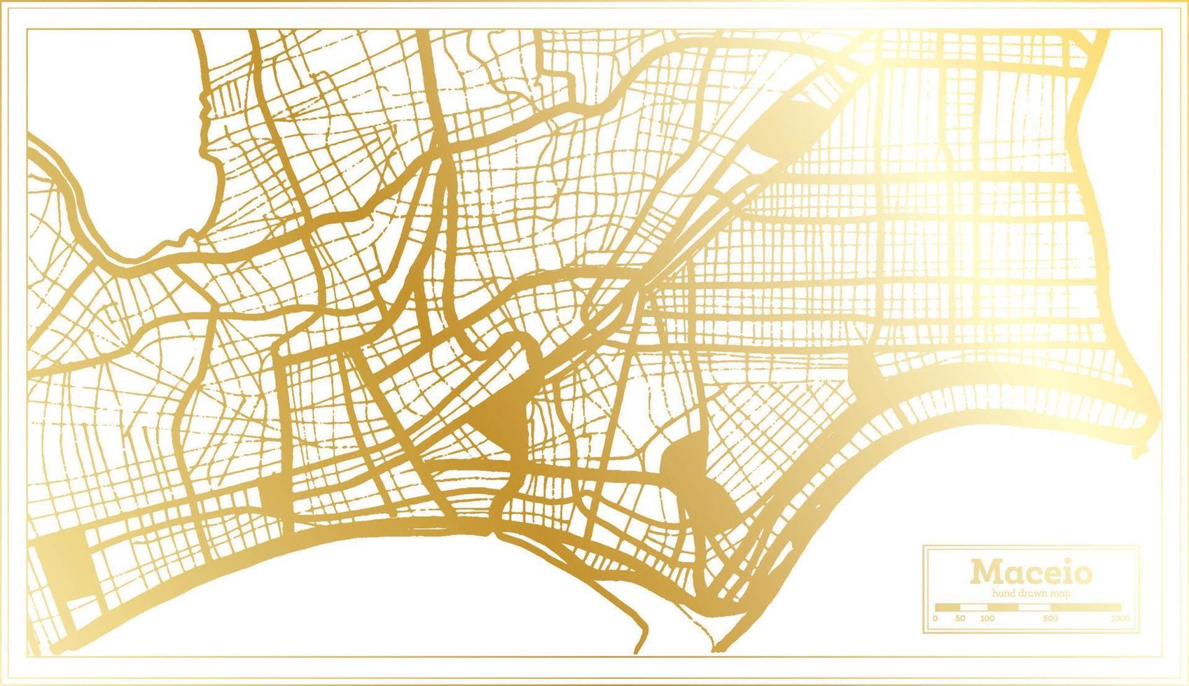 mapa da cidade de maceio brasil em estilo retrô na cor dourada. mapa de contorno. vetor