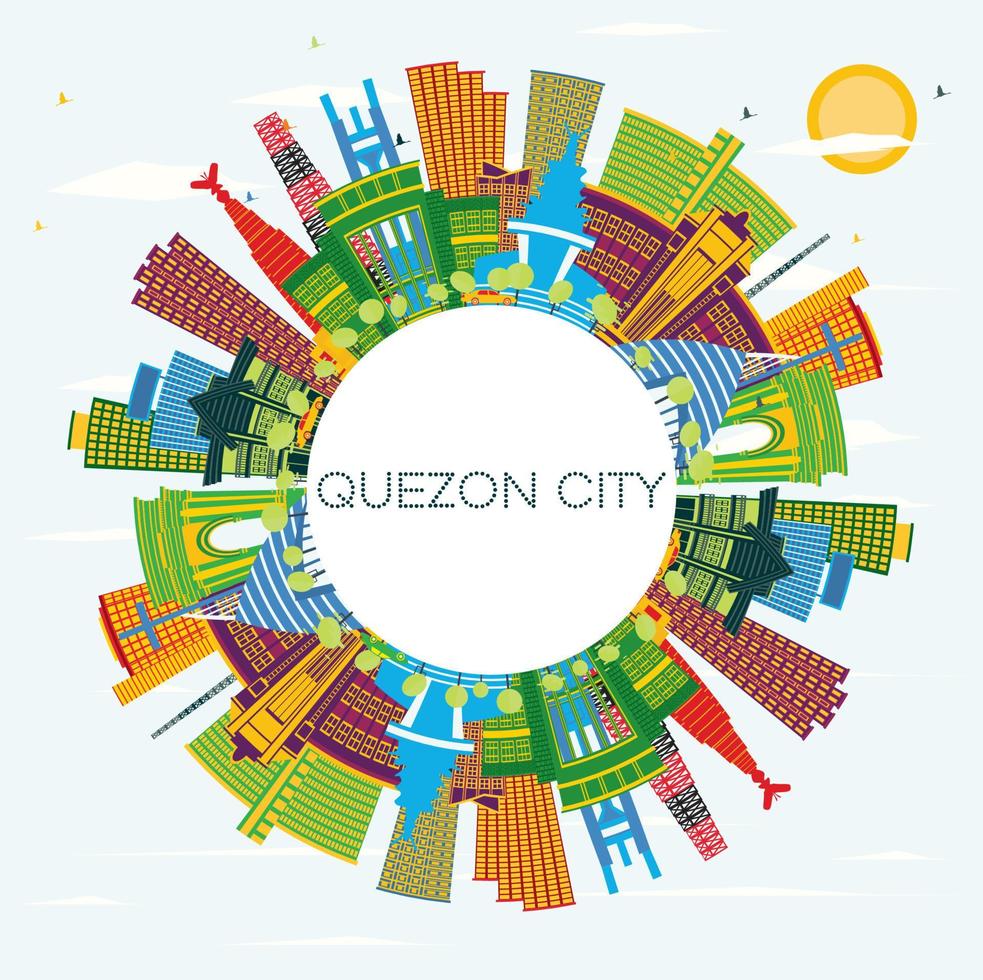 skyline da cidade de quezon city filipinas com edifícios de cor, céu azul e espaço de cópia. vetor