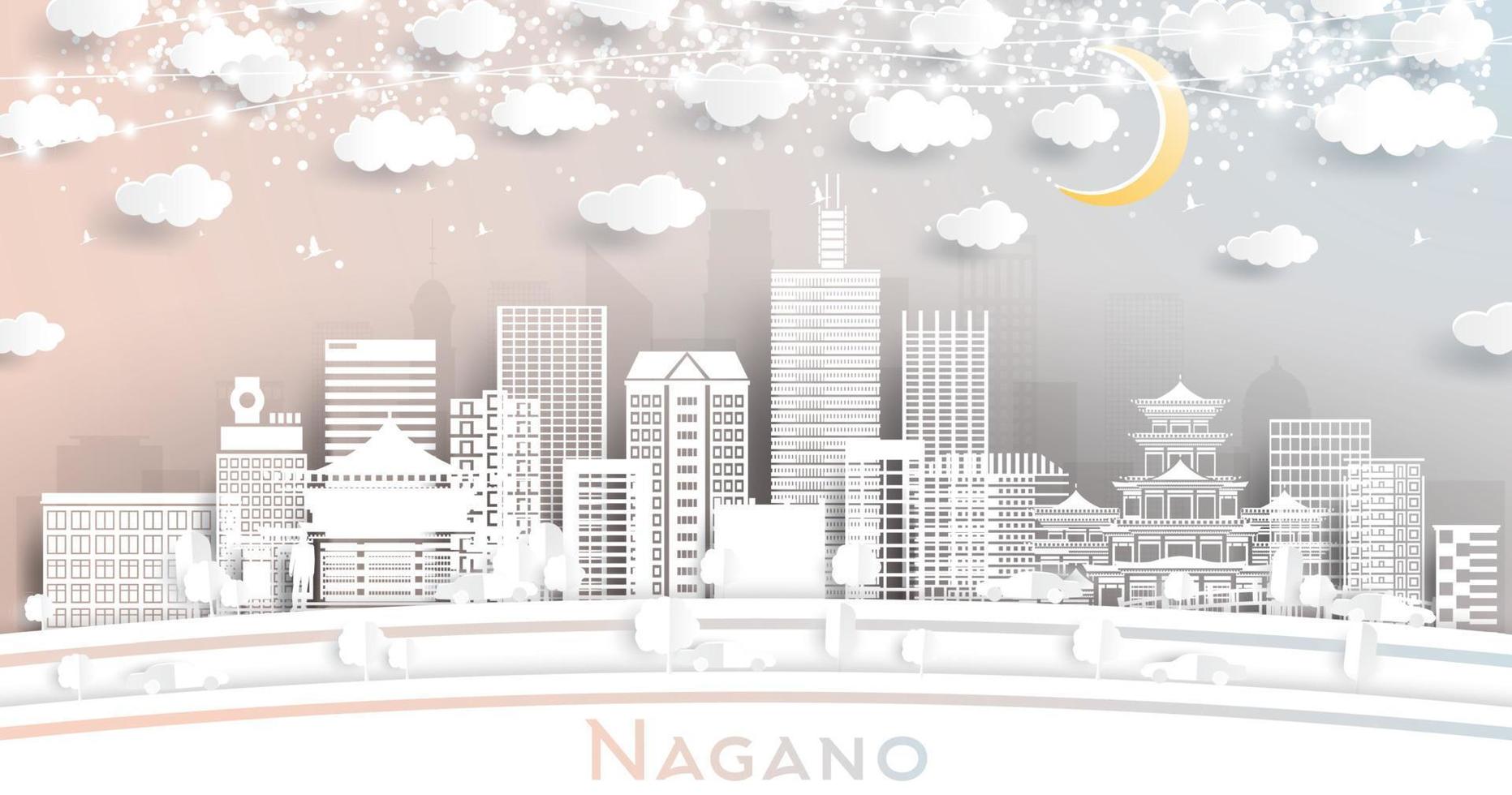 horizonte da cidade de nagano japão em estilo de corte de papel com edifícios brancos, lua e guirlanda de néon. vetor