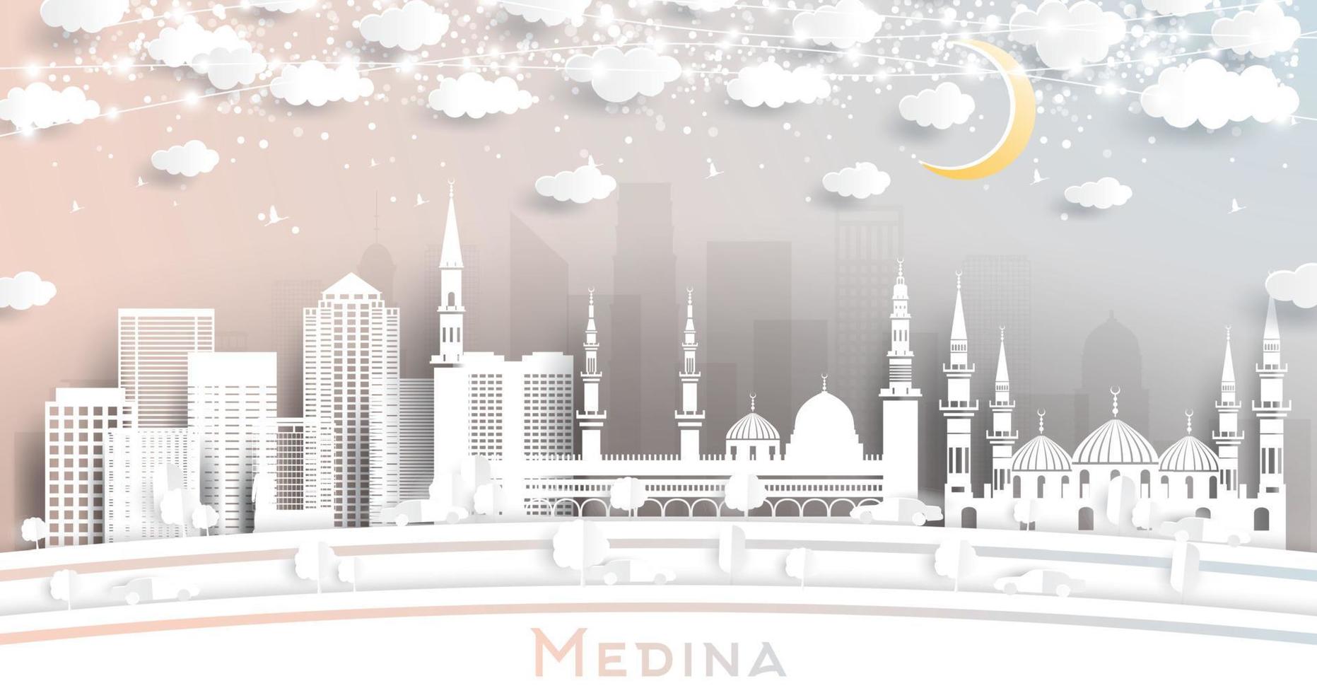 horizonte da cidade de medina arábia saudita em estilo de corte de papel com edifícios brancos, lua e guirlanda de néon. vetor