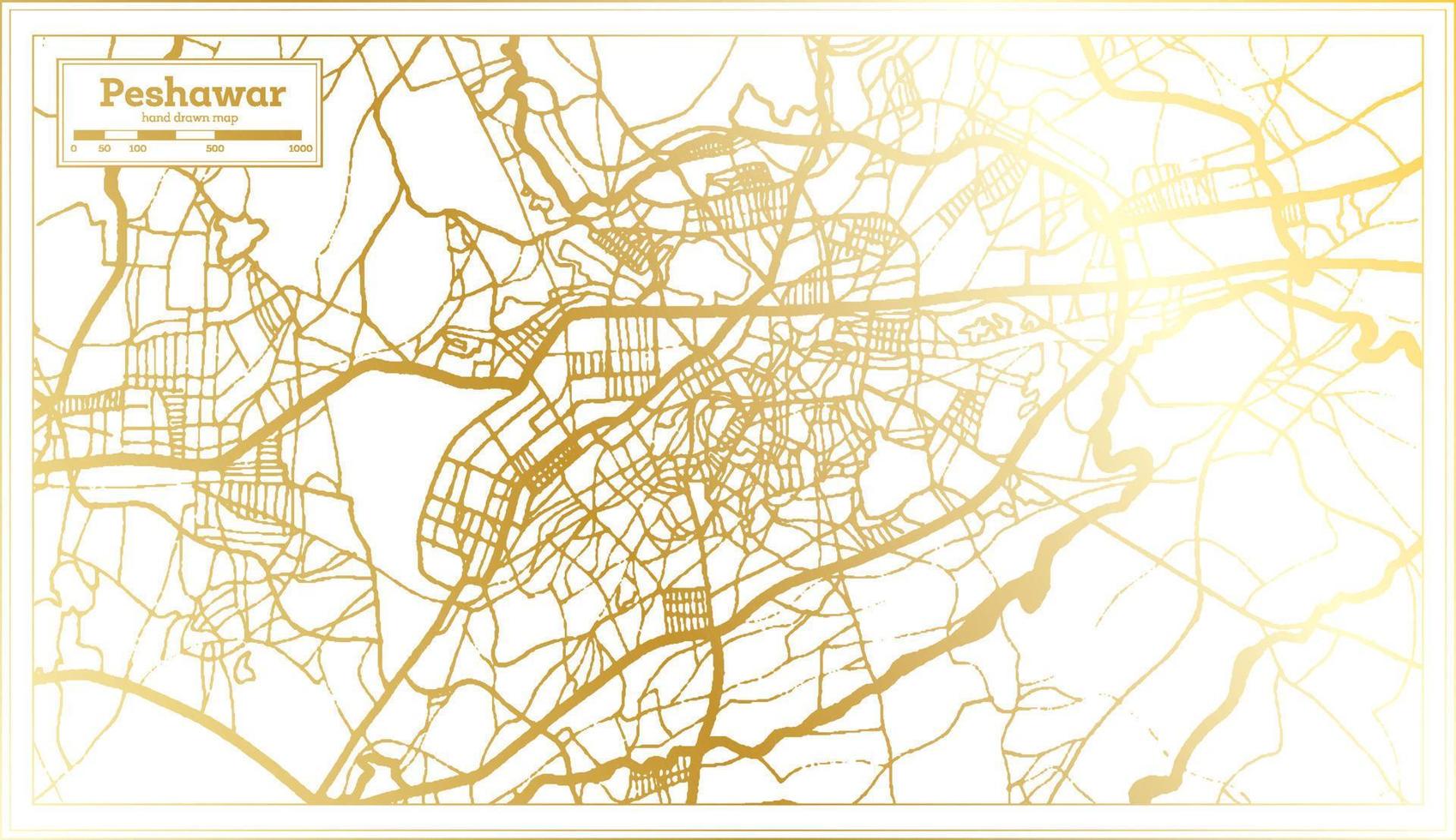 mapa da cidade de peshawar paquistão em estilo retrô na cor dourada. mapa de contorno. vetor