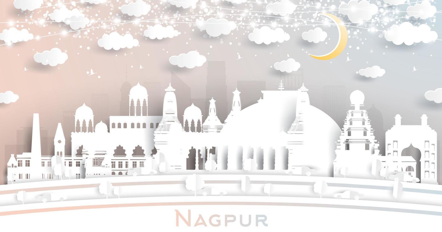 horizonte da cidade de nagpur índia em estilo de corte de papel com edifícios brancos, lua e guirlanda de néon. vetor