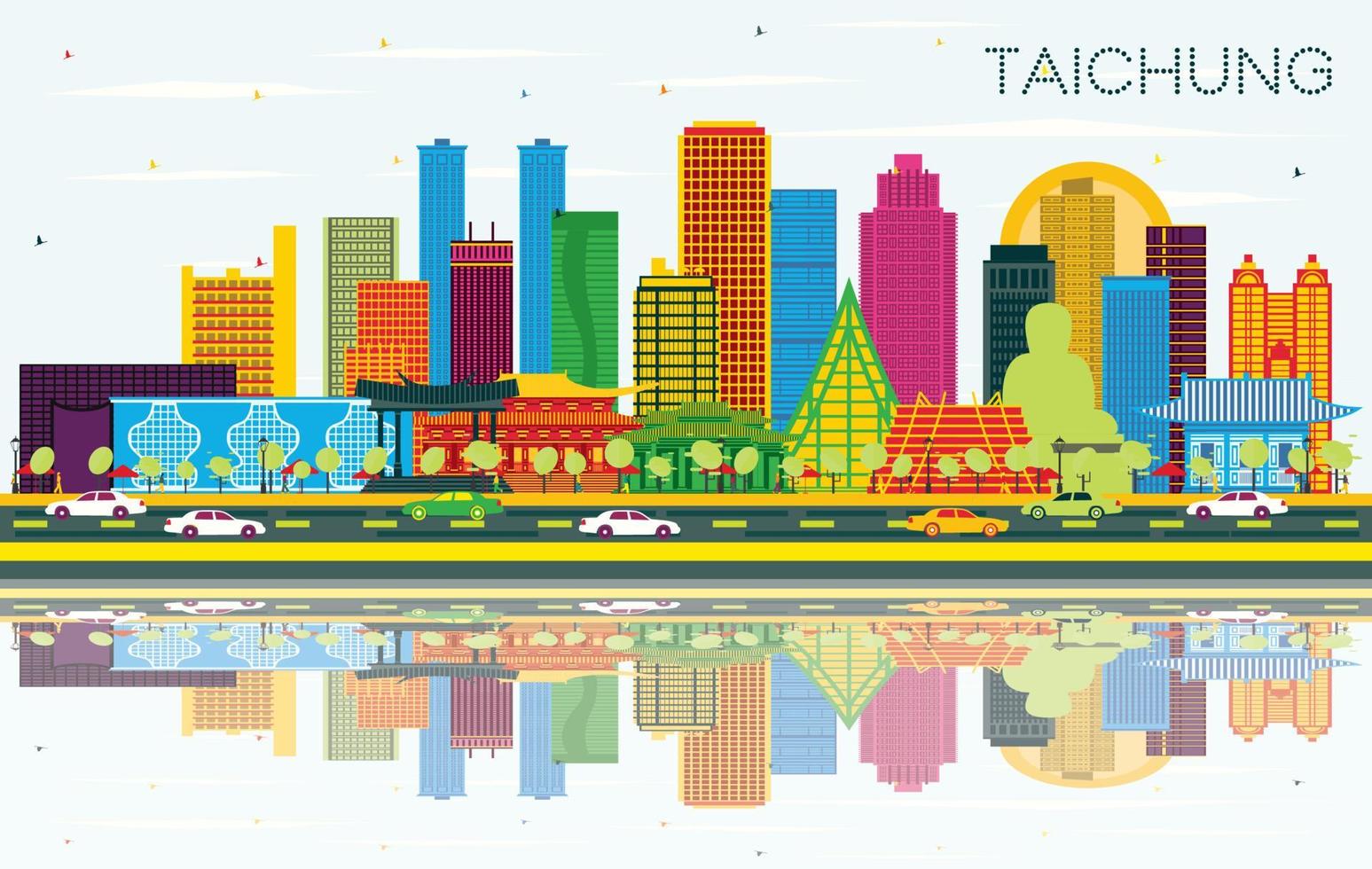 horizonte da cidade de taichung taiwan com edifícios coloridos, céu azul e reflexões. vetor