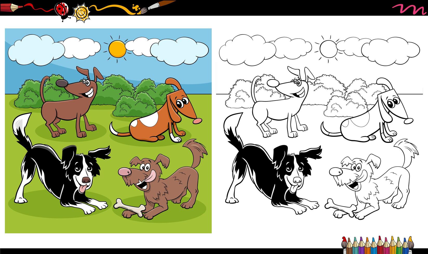 página do livro para colorir do grupo de cães e cachorros vetor