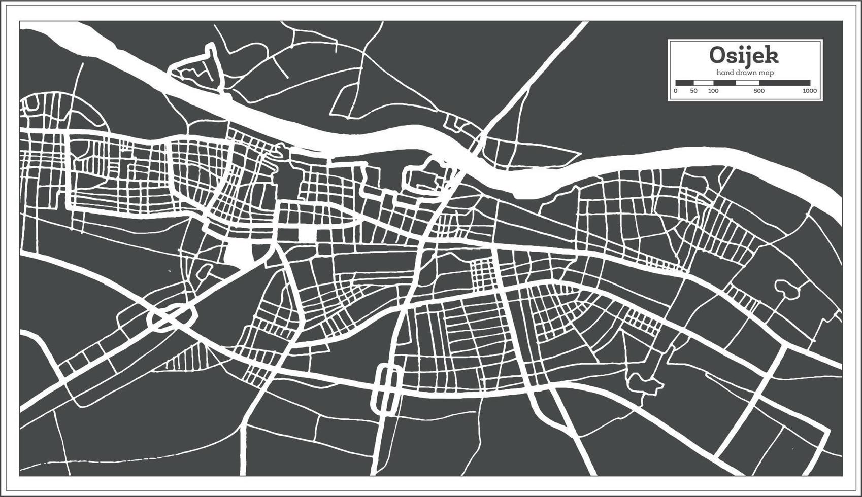 mapa da cidade de osijek croácia na cor preto e branco em estilo retrô. mapa de contorno. vetor