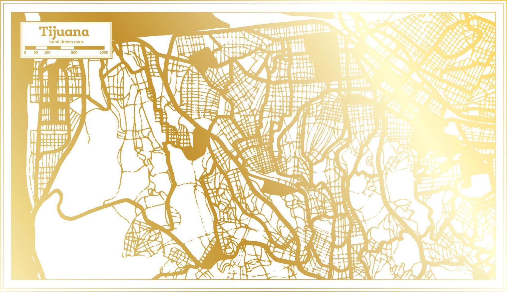 mapa da cidade do méxico tijuana em estilo retrô na cor dourada. mapa de contorno. vetor