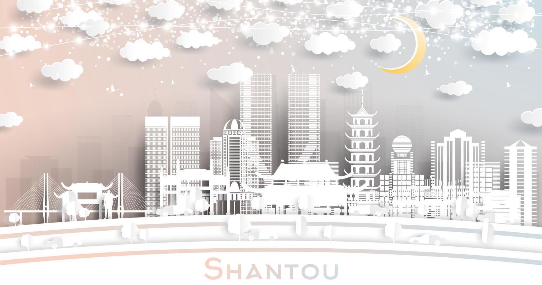 horizonte da cidade de shantou china em estilo de corte de papel com edifícios brancos, lua e guirlanda de néon. vetor