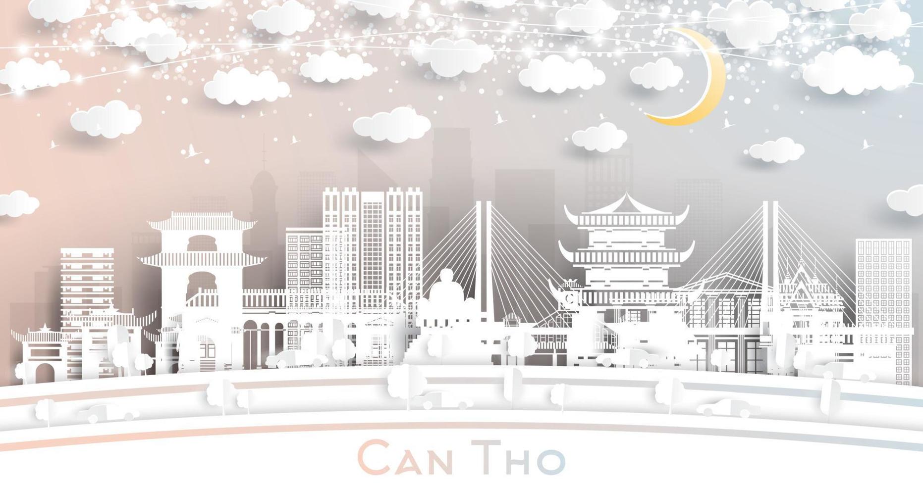 pode tho horizonte da cidade do vietnã em estilo de corte de papel com edifícios brancos, lua e guirlanda de néon. vetor