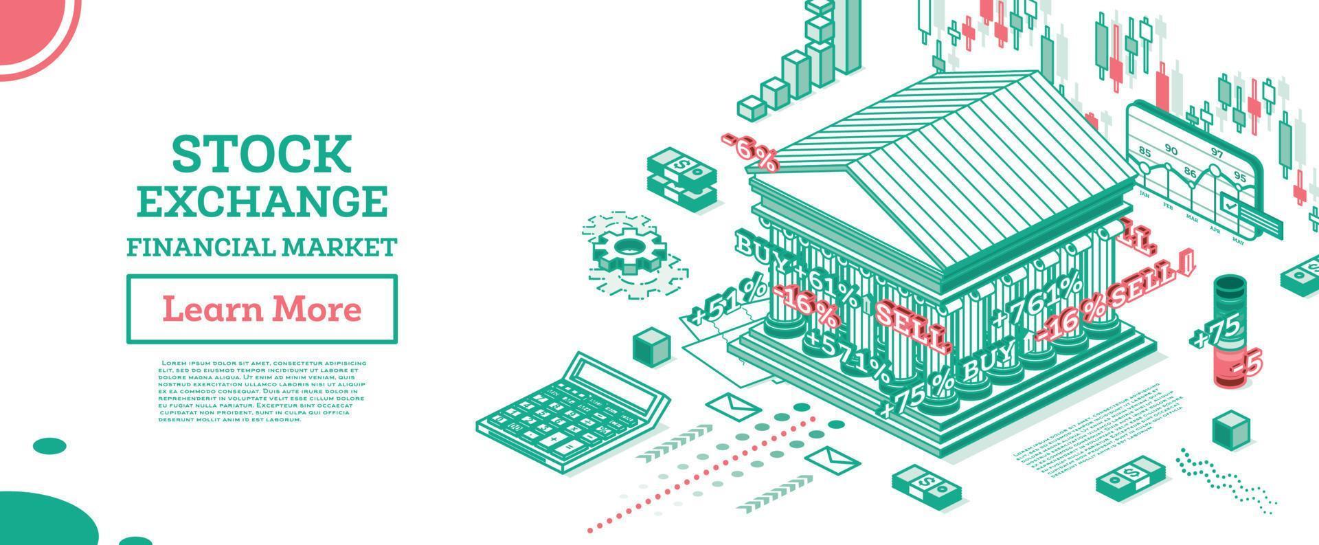 edifício isométrico da bolsa de valores. banco de contorno. ilustração vetorial. distrito financeiro empresarial. vetor