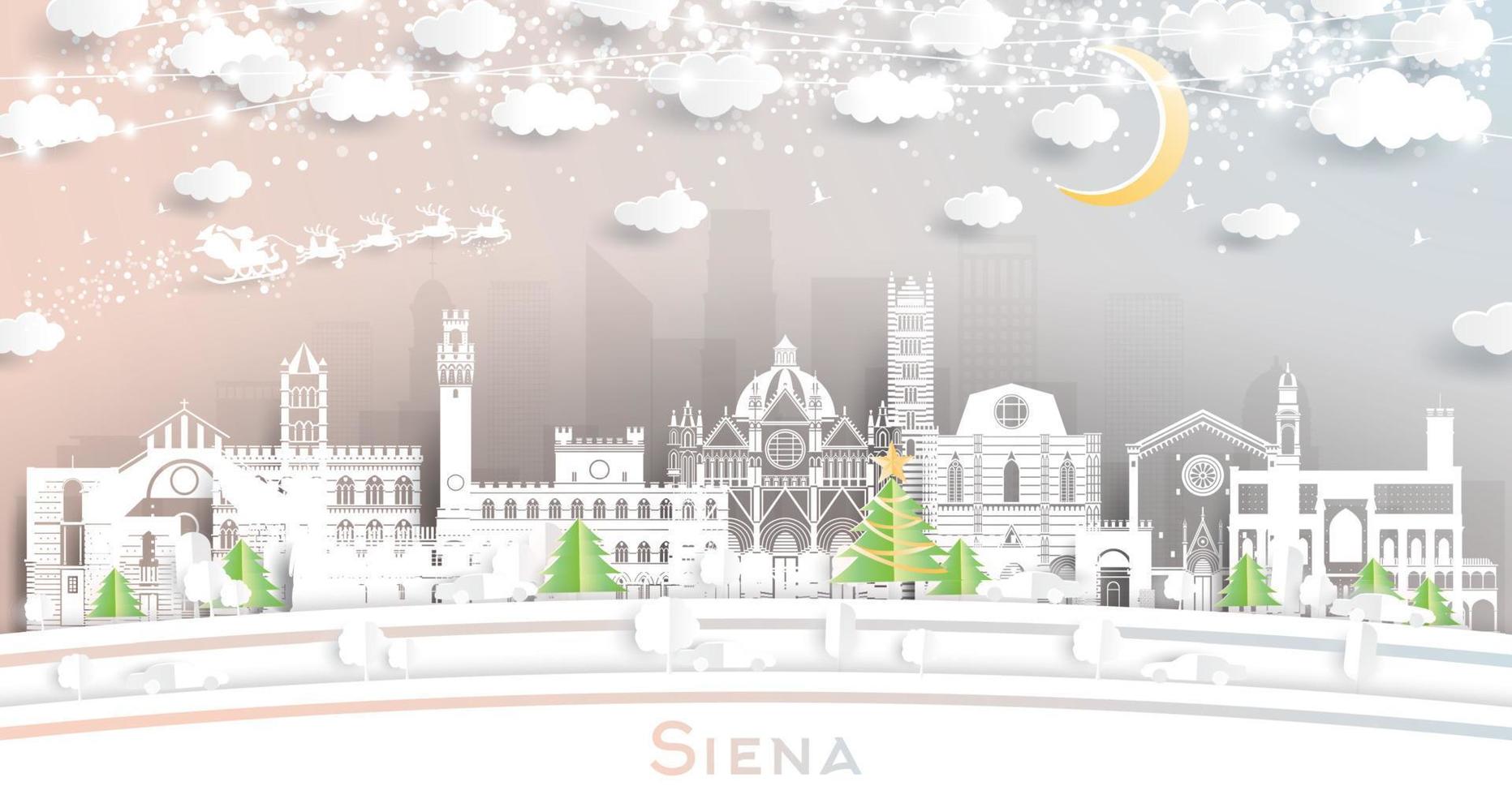 horizonte da cidade de siena toscana itália em estilo de corte de papel com flocos de neve, lua e guirlanda de néon. vetor