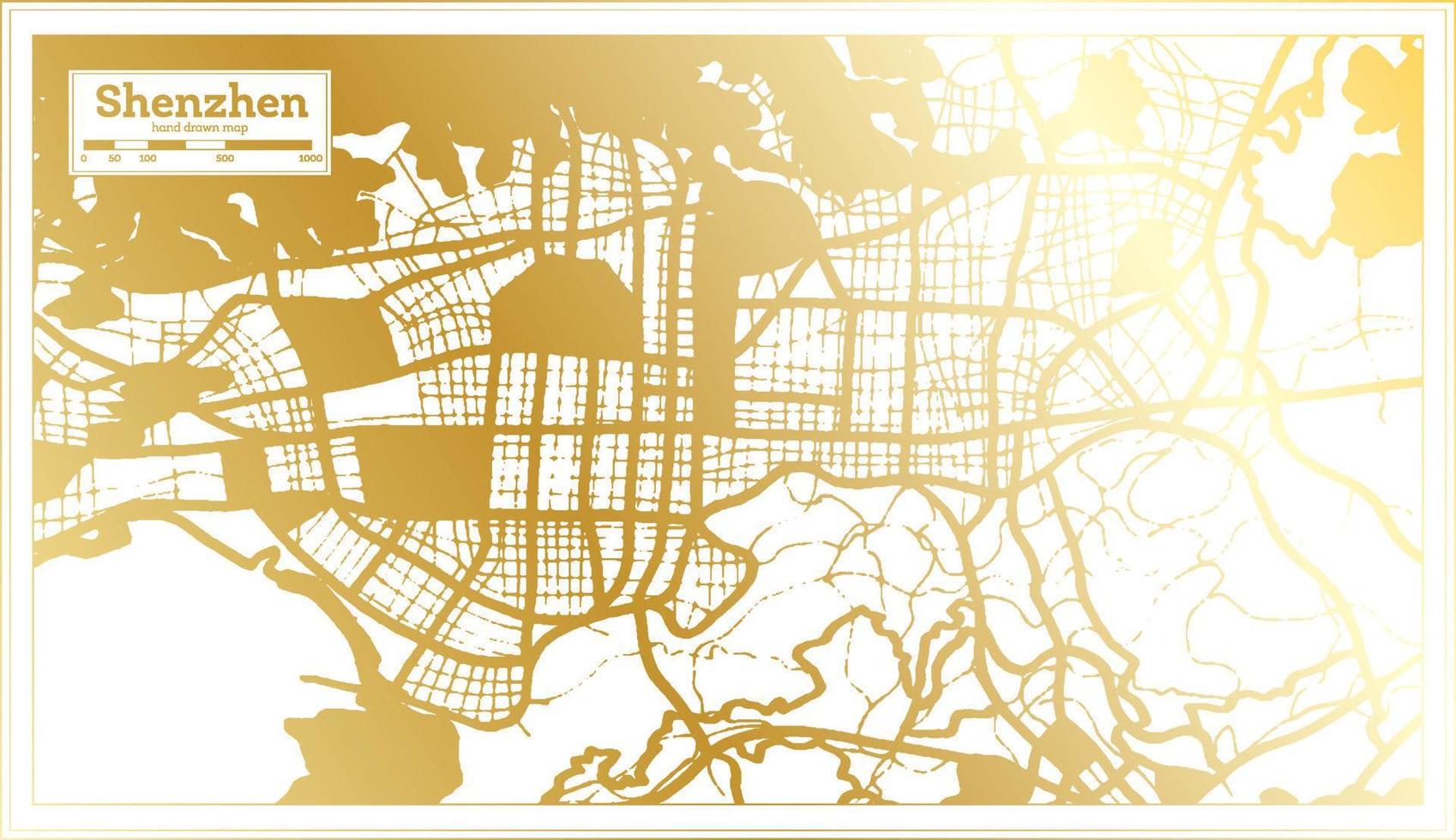 mapa da cidade de shenzhen china em estilo retrô na cor dourada. mapa de contorno. vetor