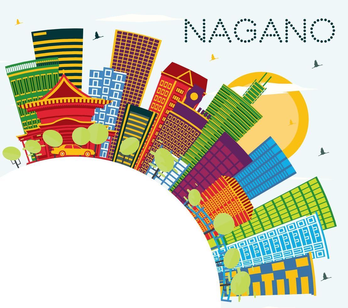 horizonte da cidade de nagano japão com edifícios coloridos, céu azul e espaço de cópia. vetor