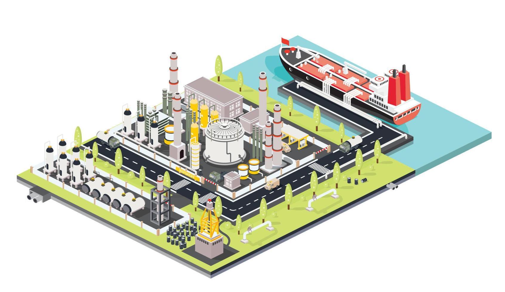 usina de refinaria. fazenda de tanques de óleo. porto marítimo com petroleiro atracado em um terminal de silo de armazenamento de petróleo. vetor