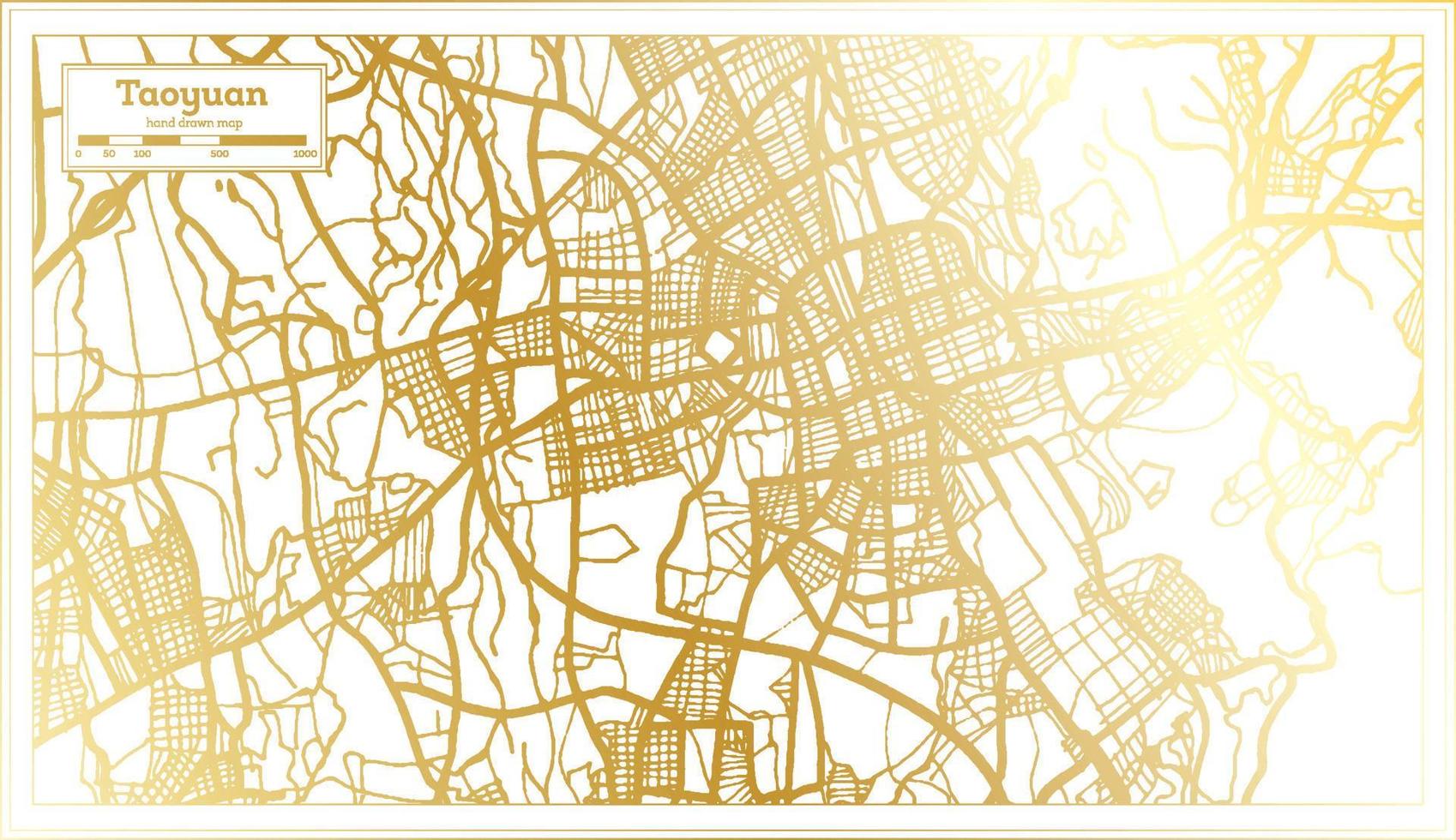 mapa da cidade de taoyuan taiwan em estilo retrô na cor dourada. mapa de contorno. vetor