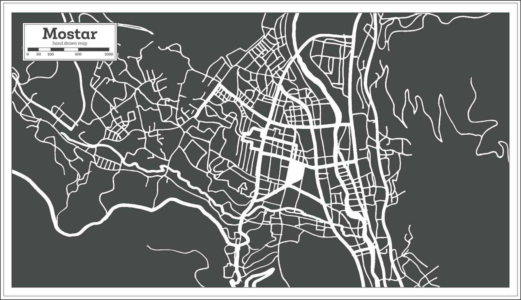 mapa da cidade de Mostar Bósnia e Herzegovina na cor preto e branco em estilo retrô. vetor