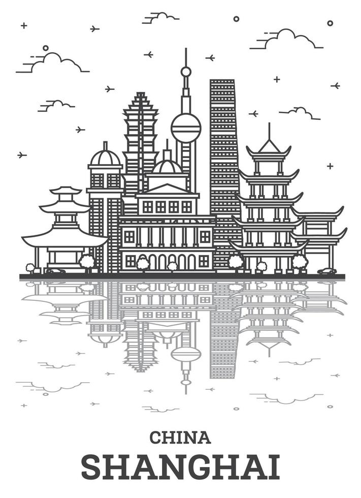 delineie o horizonte da cidade de xangai china com edifícios históricos e reflexões isoladas em branco. vetor