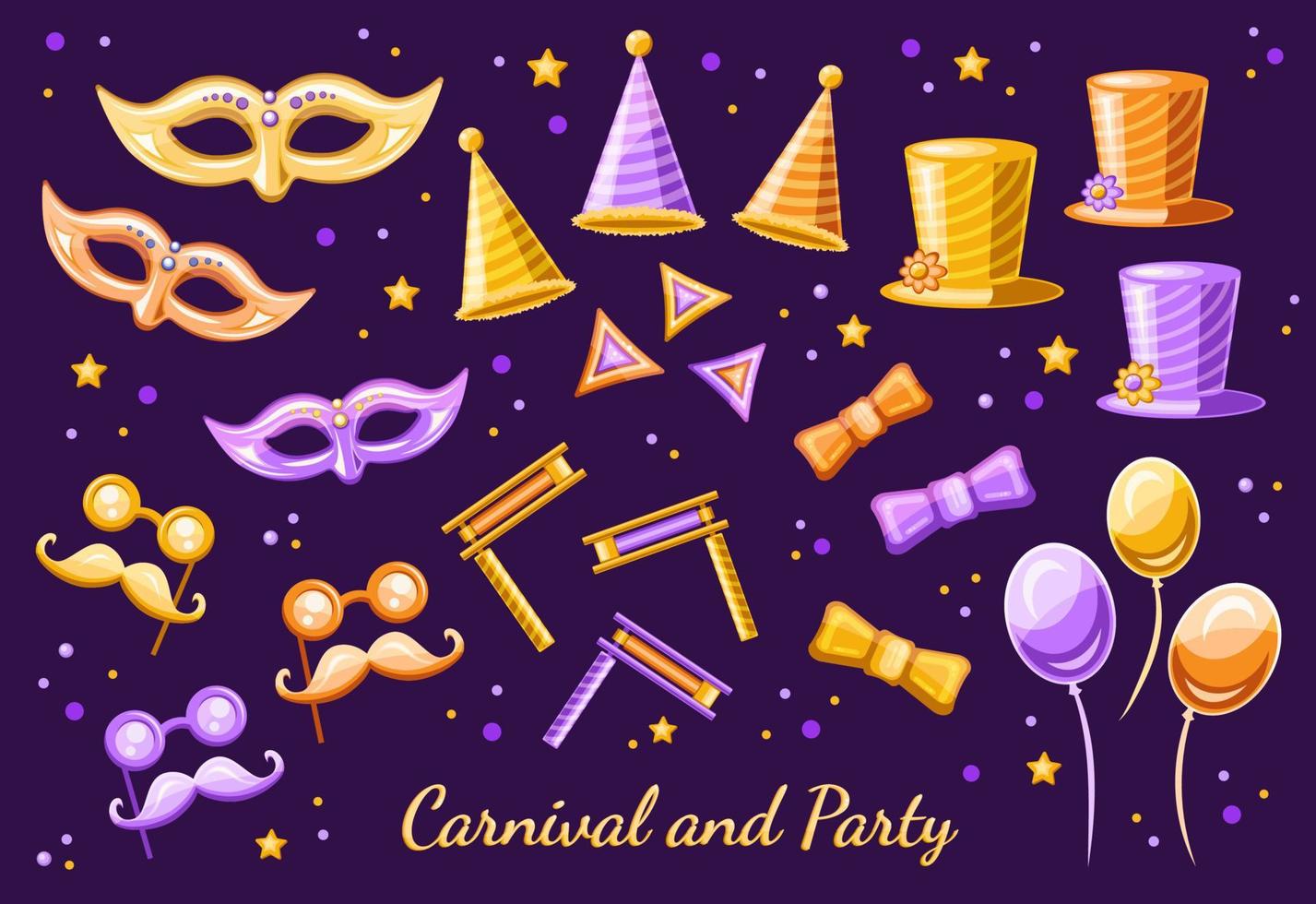 grupo de objetos de festa e carnaval, elementos para mardi gras, feriado de purim e evento de festival e baile de máscaras em três variantes de cores. vetor