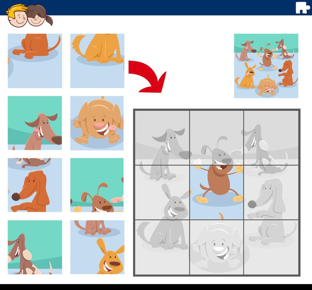 jogo de quebra-cabeça com personagens fofinhos de cachorro vetor