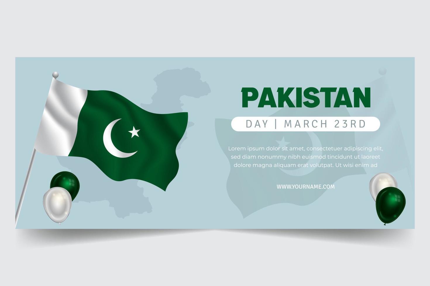 dia do paquistão, 3 de março, banner horizontal com balões de bandeira e ilustração de mapa vetor