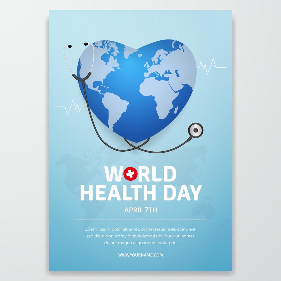 design de folheto do dia mundial da saúde, 7 de abril, com ilustração em forma de coração globo vetor