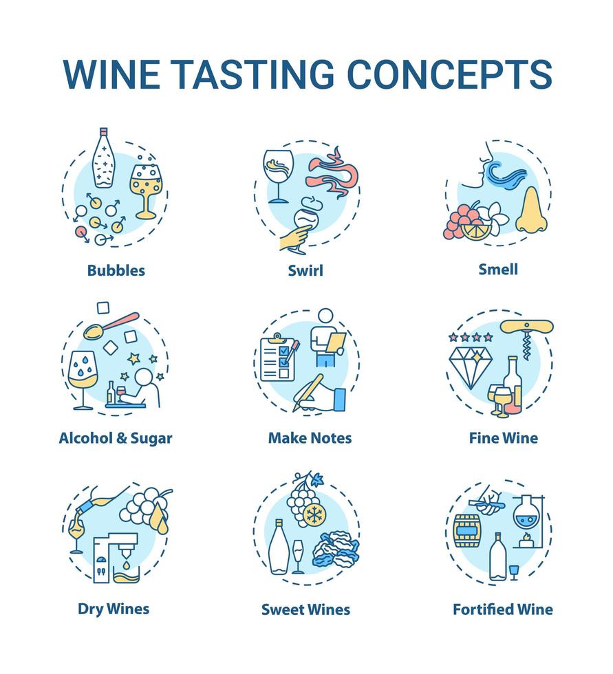 conjunto de ícones do conceito de degustação de vinhos. vetor