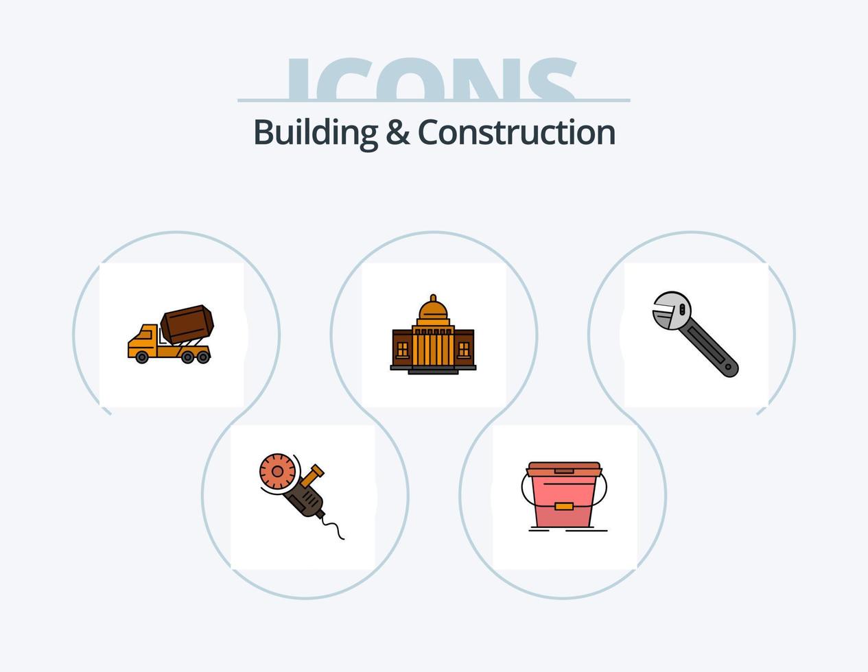 construção e linha de construção cheia de ícones pack 5 design de ícones. lidar. trancar. chave inglesa. rolo. construção vetor