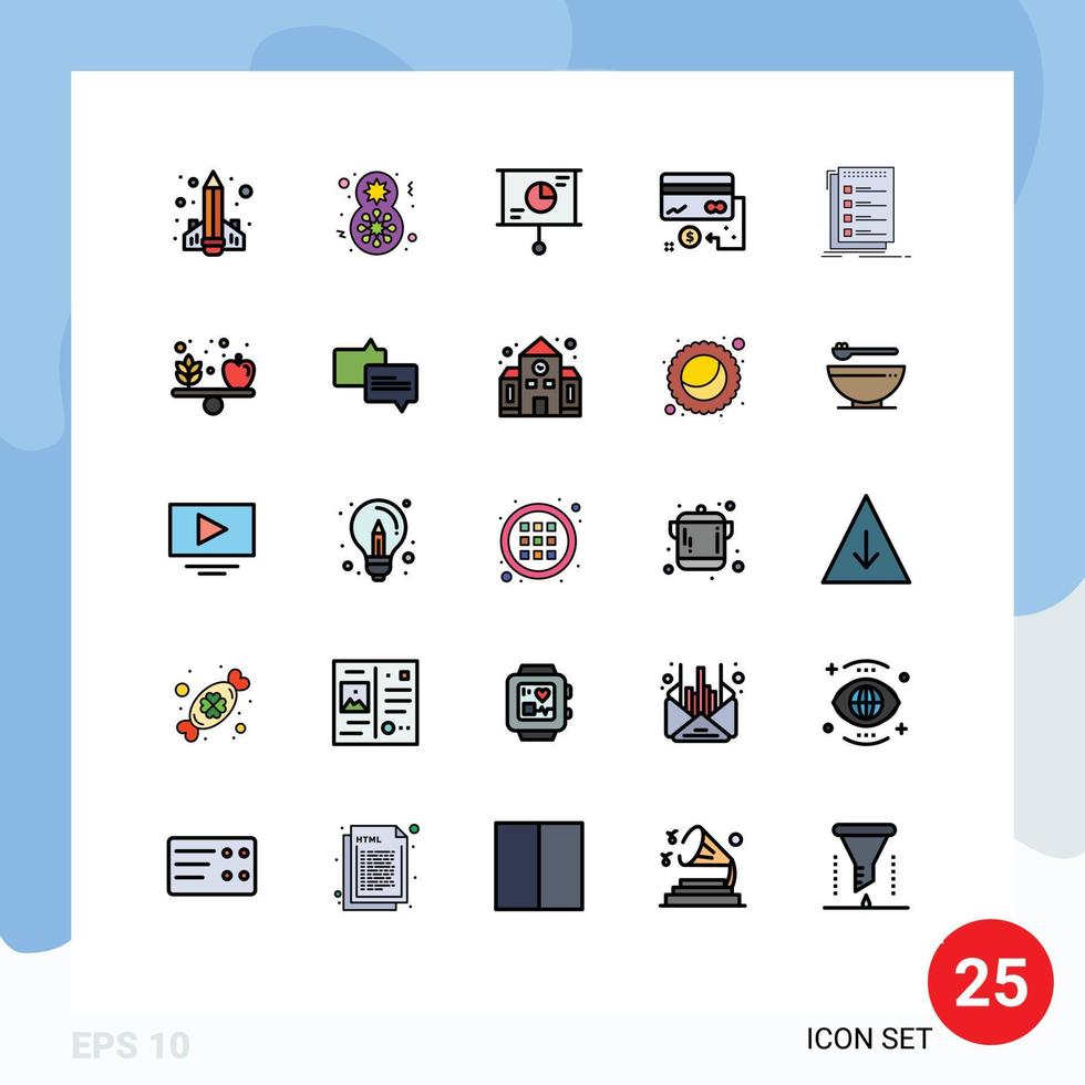 conjunto de cores planas de linha cheia de interface móvel de 25 pictogramas de crédito de marketing mulheres celebram elementos de design de vetores editáveis de trabalho em equipe de cartão