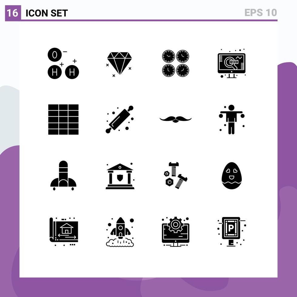 pacote de interface do usuário de 16 glifos sólidos básicos de relógios de escritório de pesquisa de wireframe elementos de design de vetores editáveis de marketing na web