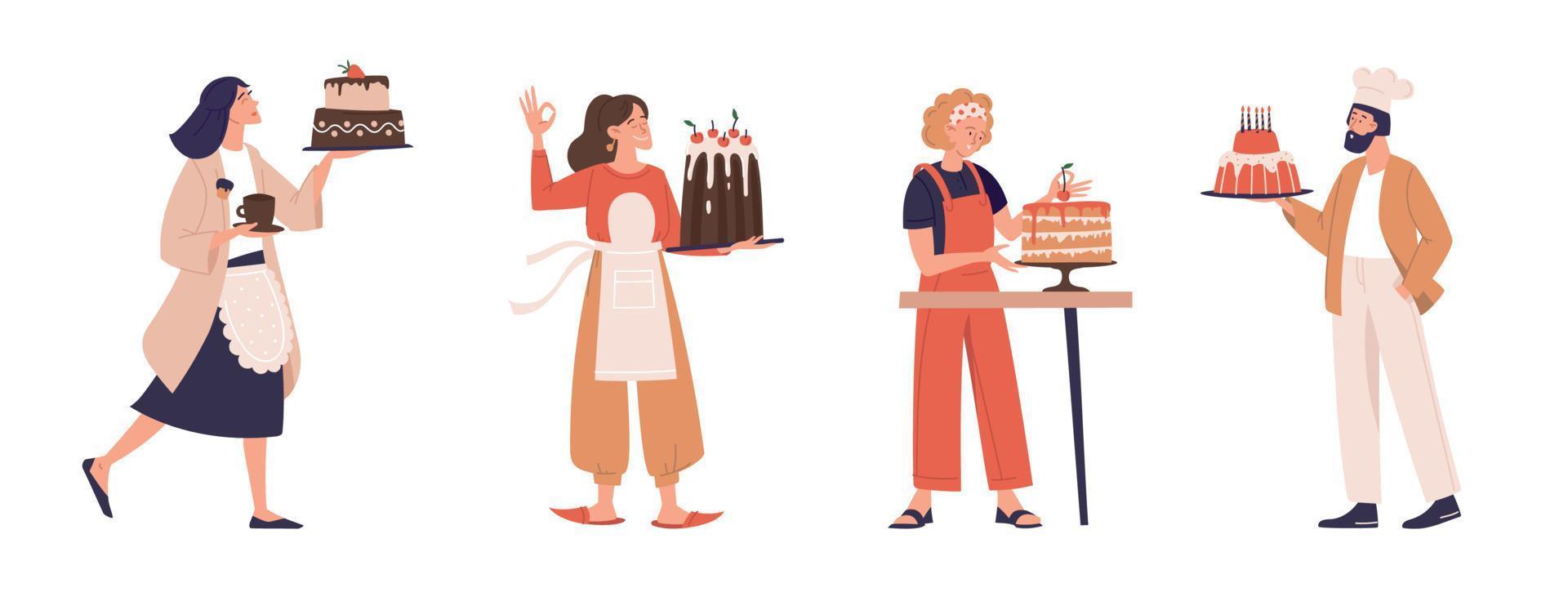 confeiteiro, cozinheiro, bolo, pastelaria. menina com um bolo. conjunto de ilustrações. imagem vetorial. vetor