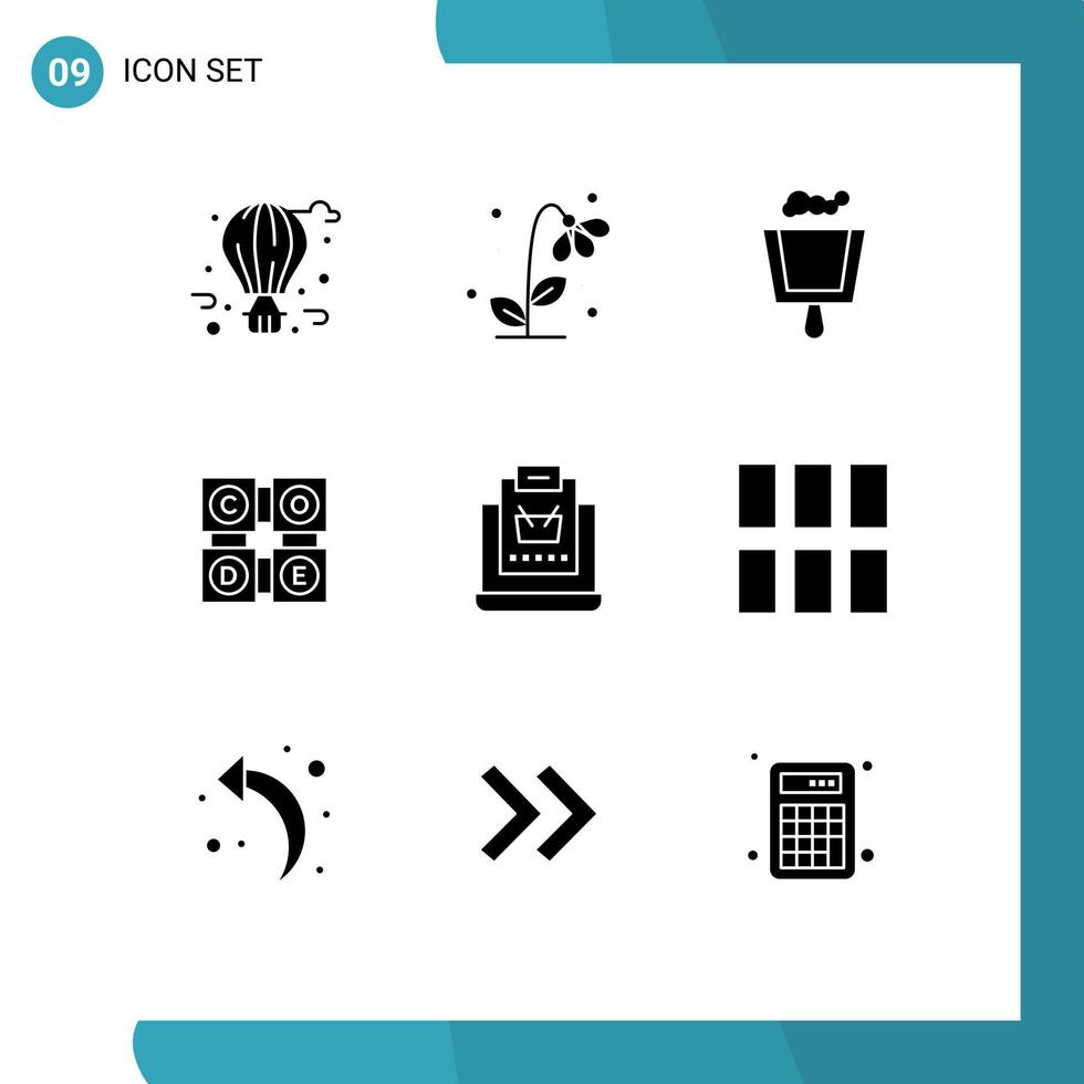 conjunto de pictogramas de 9 glifos sólidos simples de código de primavera de educação na internet, código de aprendizado de elementos de design vetorial editáveis vetor