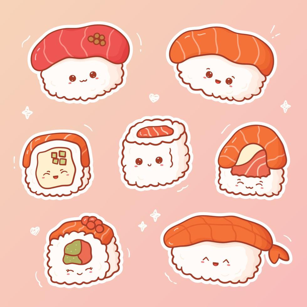conjunto de sushi kawaii e pãezinhos. coleção de adesivos fofos comida asiática com rosto engraçado e feliz no estilo cartoon. ilustração vetorial vetor