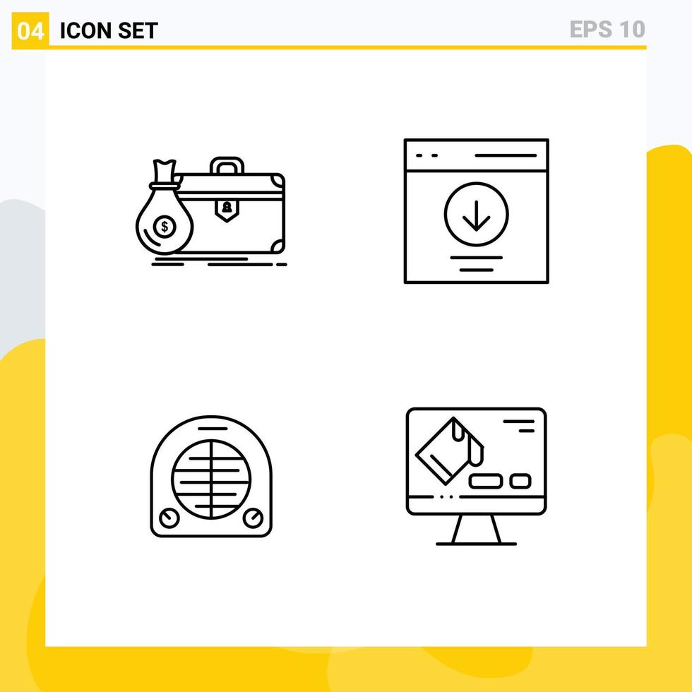 conjunto de pictogramas de 4 cores planas de linha preenchida simples do usuário da maleta, aquecedor de download aberto, elementos de design de vetores editáveis