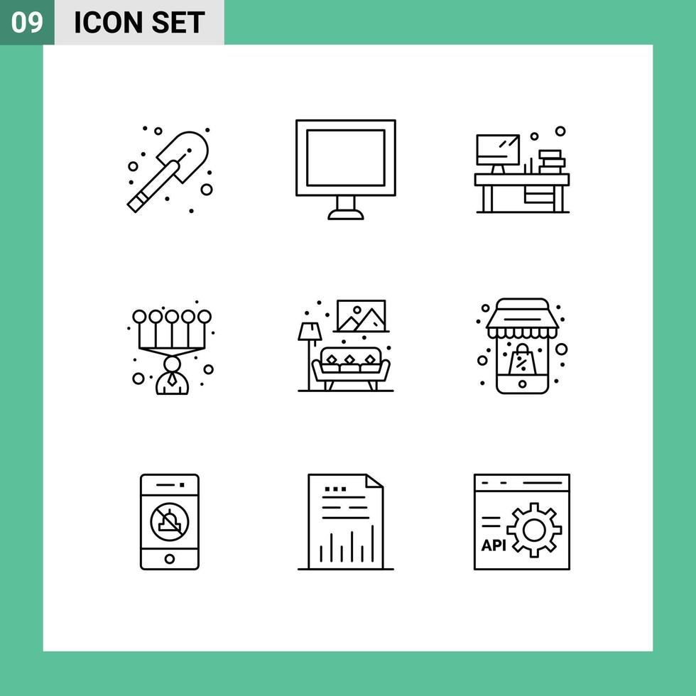 conjunto de esboço de interface móvel de 9 pictogramas de habilidades de vida de livro de sofá de compras elementos de design de vetores editáveis