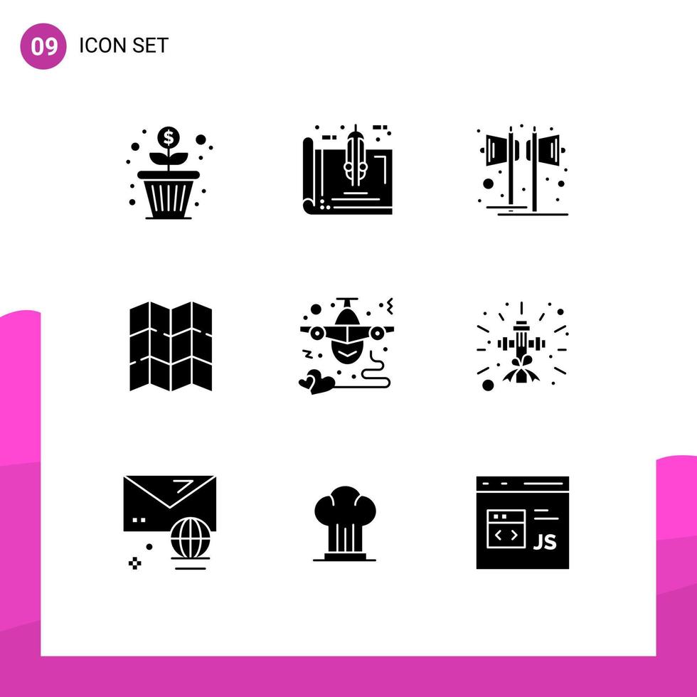 pacote de linha vetorial editável de 9 glifos sólidos simples de mapa de plano de localização de avião som elementos de design vetorial editáveis vetor
