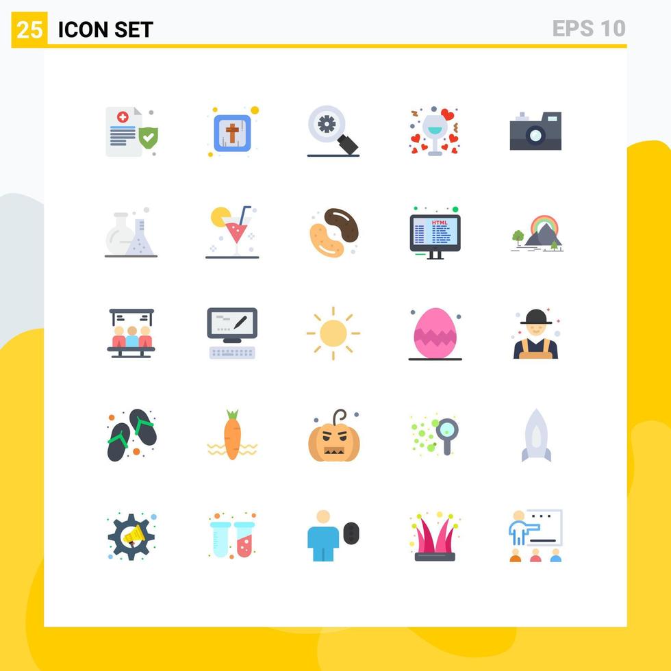 pacote de 25 sinais e símbolos modernos de cores planas para mídia impressa na web, como fotografia, equipamento de câmera antigo, noite de vinho, elementos de design vetorial editáveis vetor