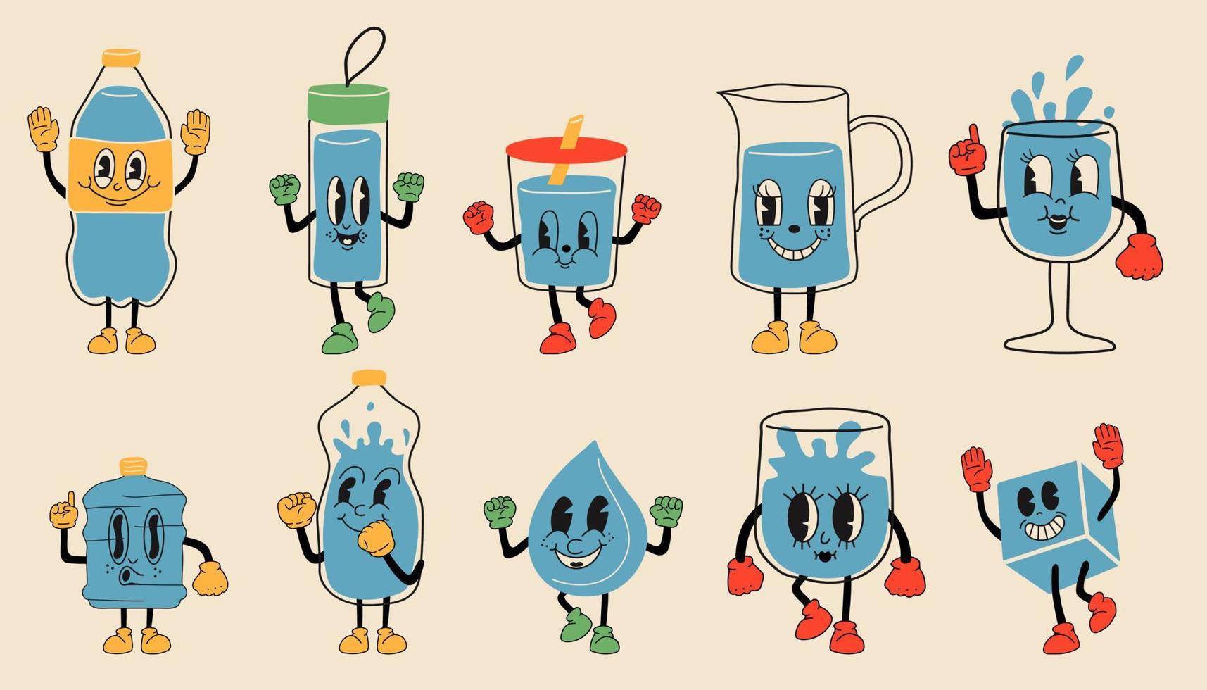 doodle beba mais água. bonitos engraçados mascotes de água desenhados à mão em caneca, copo e garrafa, rituais saudáveis bebem mais conjunto de ilustração vetorial de água. jarra, copo com canudo, garrafa térmica com rostos vetor