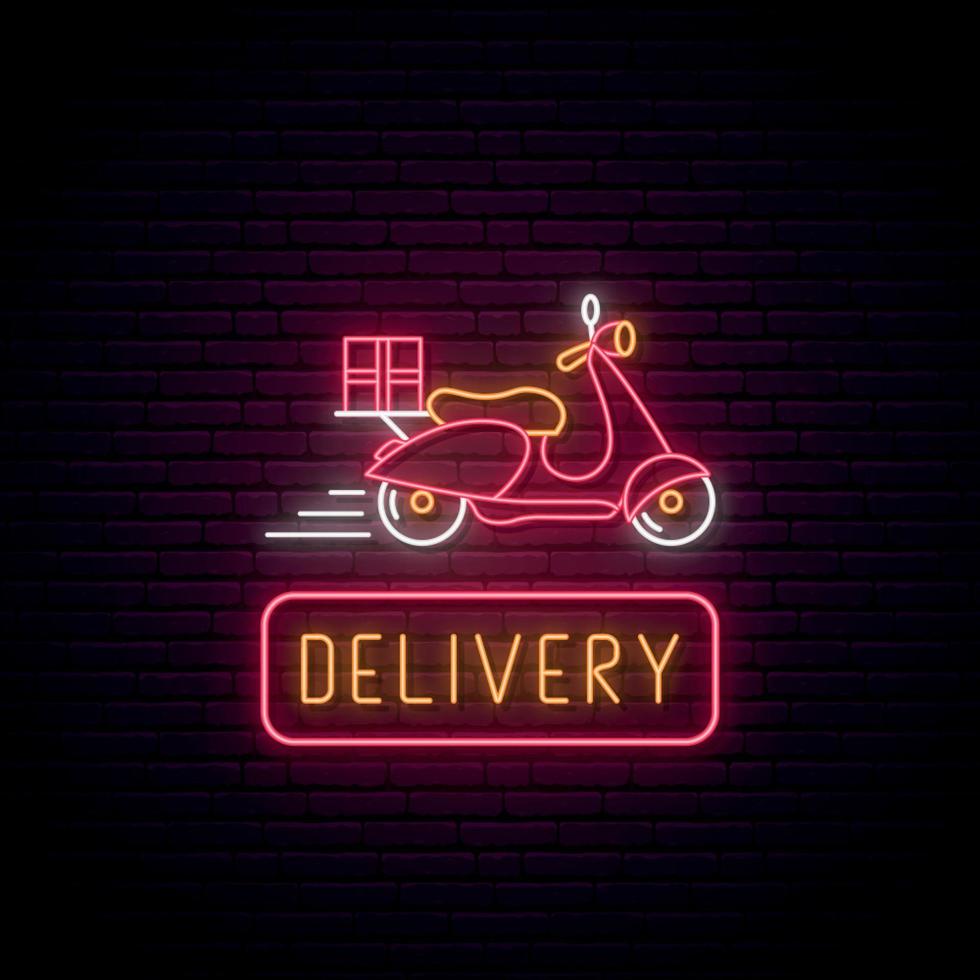 sinal de scooter de entrega de néon. emblema de entrega de comida brilhante com moto de correio e texto no fundo da parede de tijolo. vetor
