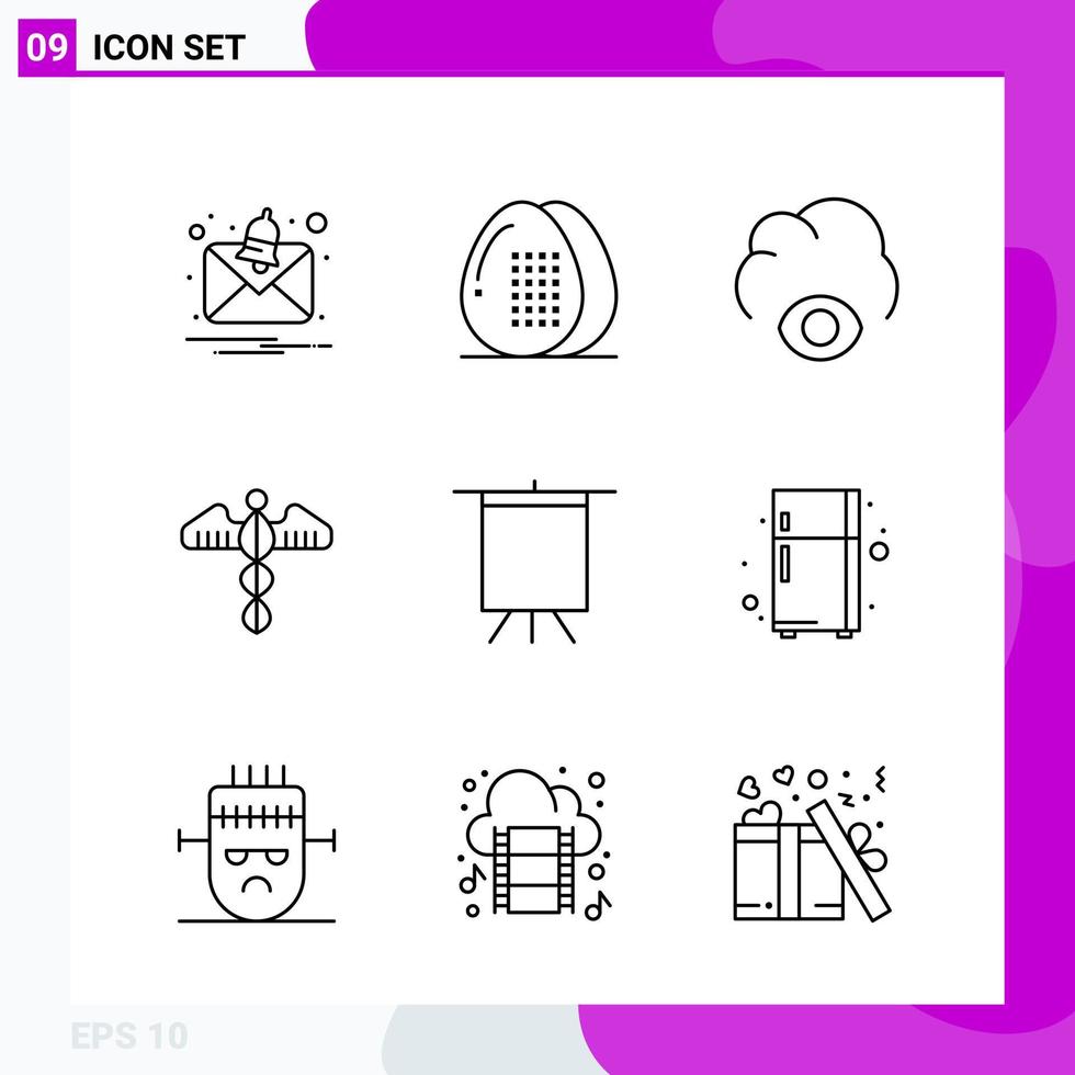 pacote de conjunto de ícones de linha de 9 ícones de contorno isolados em fundo branco para impressão na web e fundo de vetor de ícone preto criativo móvel