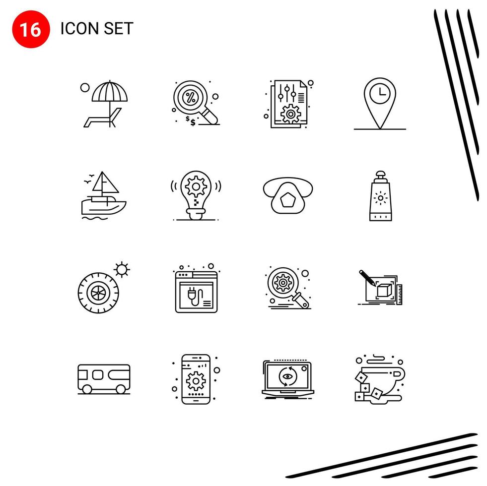 16 pacote de esboço de interface do usuário de sinais e símbolos modernos de localização de barco, dinheiro, opções geográficas, elementos de design vetorial editáveis vetor