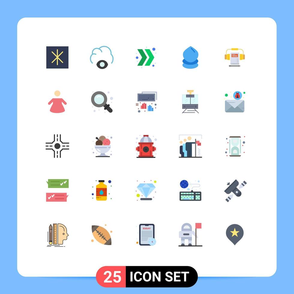 Pacote de cores planas de 25 interfaces de usuário de sinais e símbolos modernos de pessoas, fone de ouvido, ambiente de áudio direito, elementos de design vetorial editáveis vetor