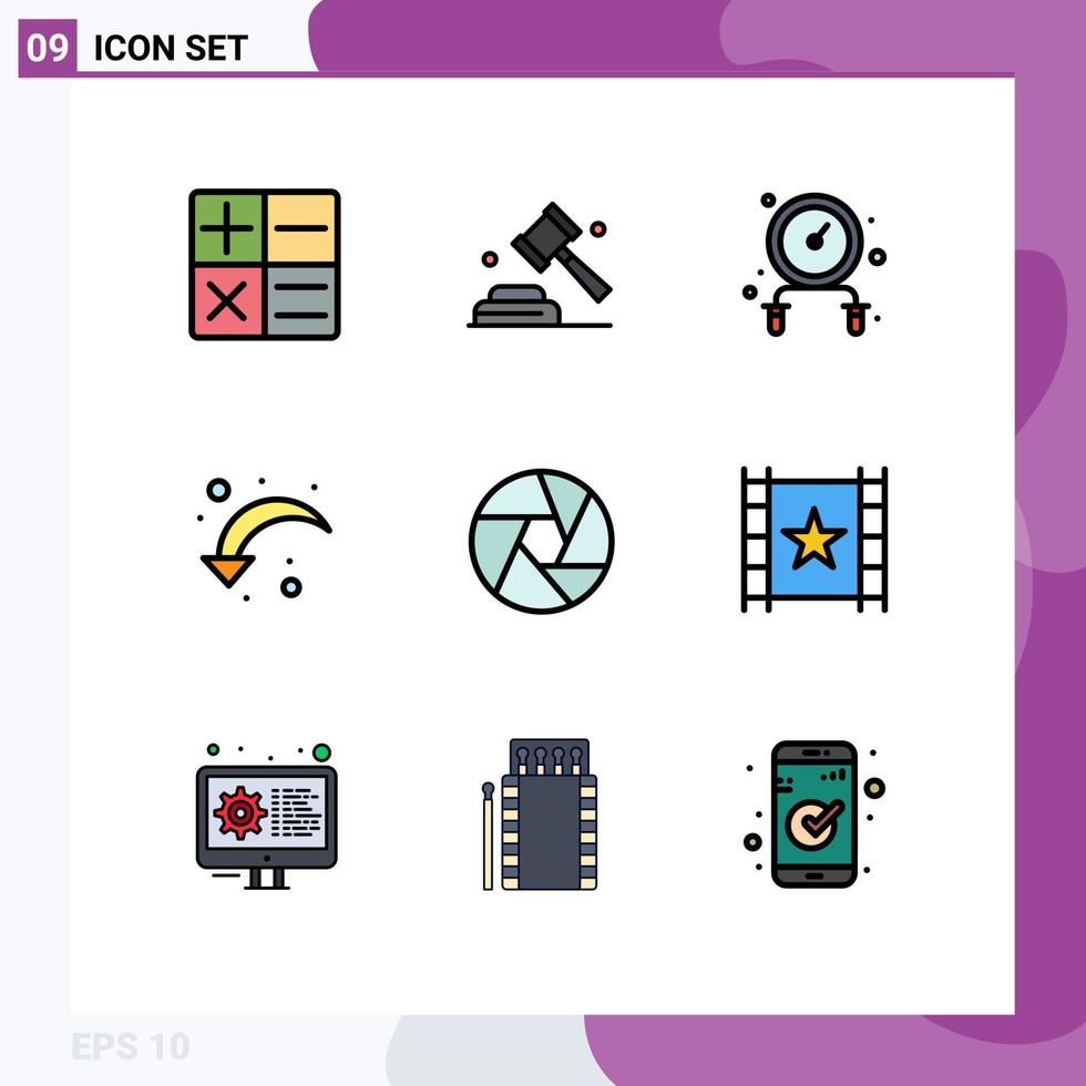 conjunto de cores planas de linha preenchida de interface móvel de 9 pictogramas de câmera de pular corda de foco multimídia para baixo à esquerda elementos de design de vetores editáveis