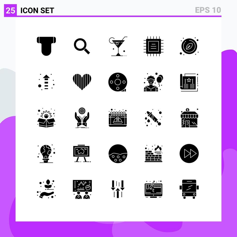 25 glifos sólidos universais definidos para aplicativos da web e móveis elementos de design de vetores editáveis de chip de cpu de vidro de círculo natural