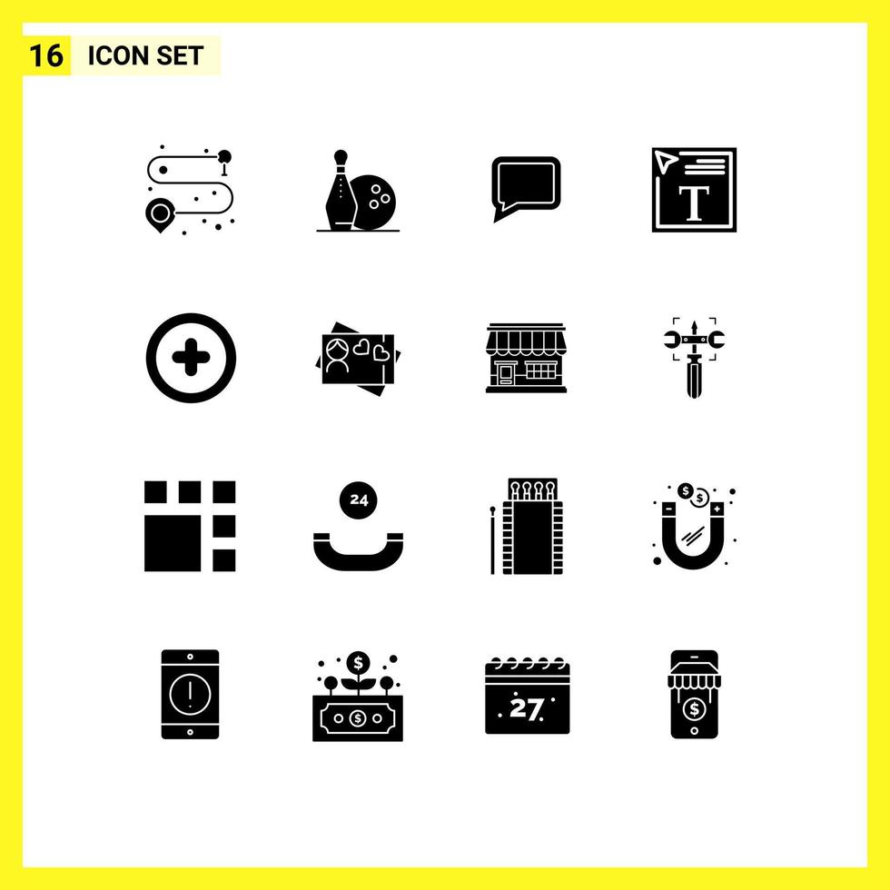 pacote de 16 sinais e símbolos de glifos sólidos modernos para mídia de impressão na web, como cartão, adicionar comentário, design de fonte de mídia, elementos de design de vetores editáveis