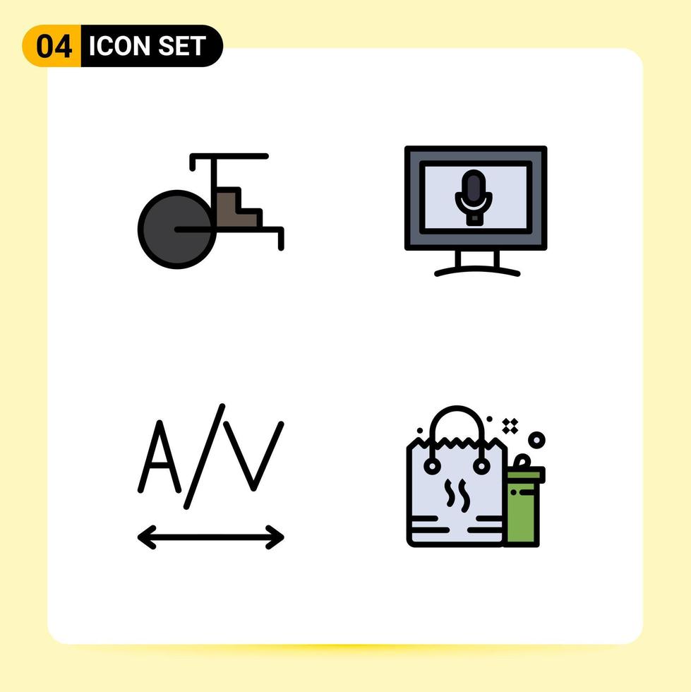 conjunto de cores planas de linha preenchida de interface móvel de 4 pictogramas de elementos de design de vetores editáveis de microfone de veículos de compras da china