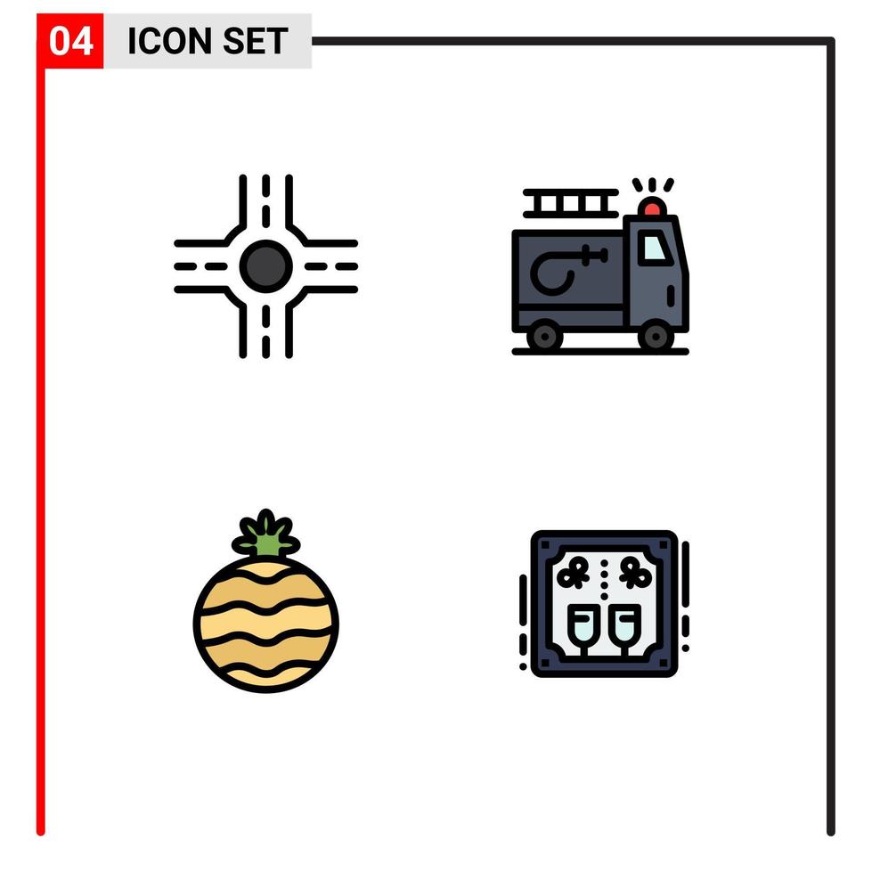 pacote de cores planas fullline de 4 símbolos universais da celebração da encruzilhada carro abacaxi bebidas editáveis elementos de design vetorial vetor