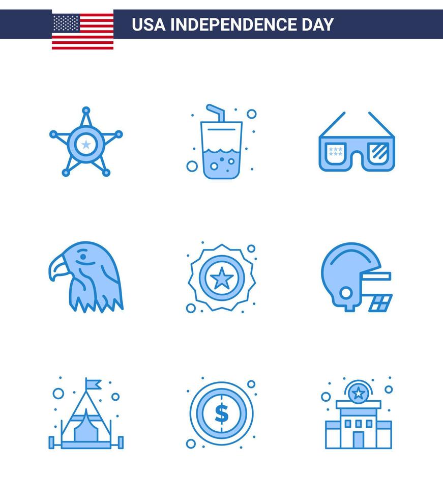 conjunto de 9 ícones do dia dos eua símbolos americanos sinais do dia da independência para segurança óculos de sol dos eua águia animal editável dia dos eua vetor elementos de design