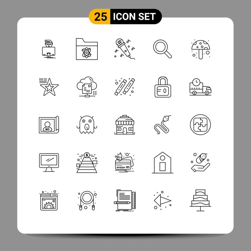 conjunto de 25 sinais de símbolos de ícones de interface do usuário modernos para pesquisa de áudio de comida de cogumelo olhar elementos de design de vetores editáveis