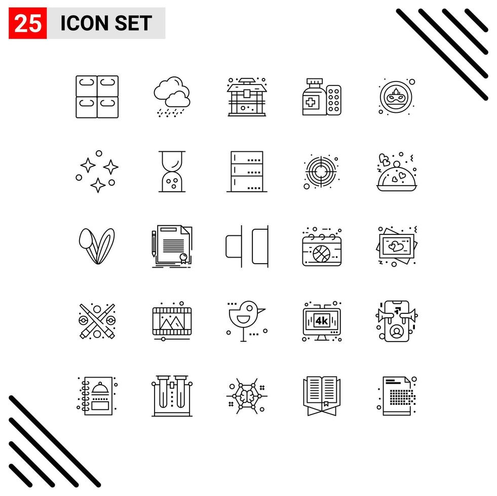 25 sinais de linha universal símbolos de máscara moeda china carnaval pílulas elementos de design de vetores editáveis