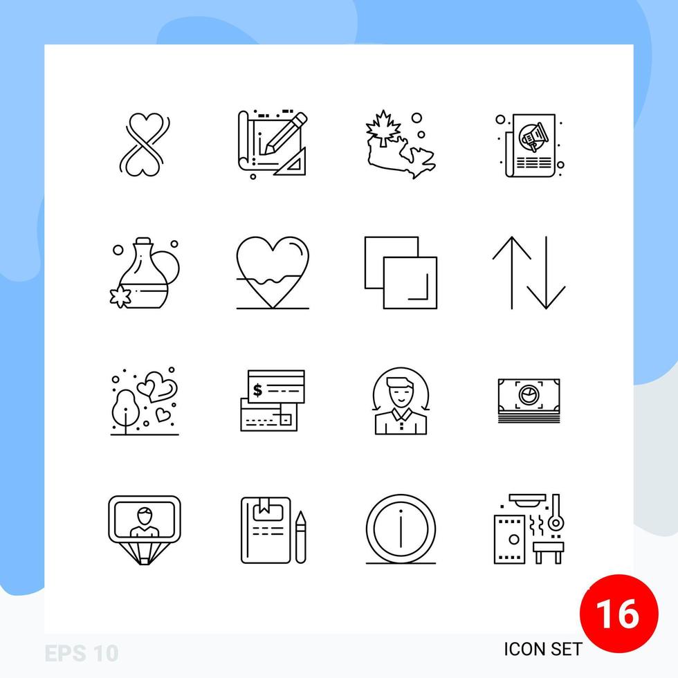 grupo de símbolos de ícone universal de 16 contornos modernos de spa essência floral canadá imprensa notícias elementos de design de vetores editáveis