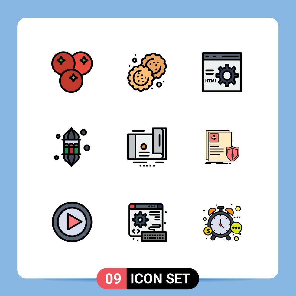 conjunto de cores planas de linha preenchida de interface móvel de 9 pictogramas do festival ramadan programação leve elementos de design de vetores editáveis